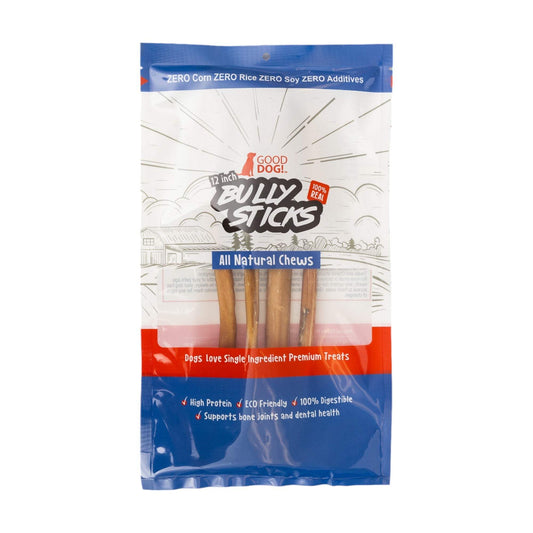 Package of all-natural 12-inch beef bully stick dog treats, high-protein, odor-free, and digestible chew sticks.