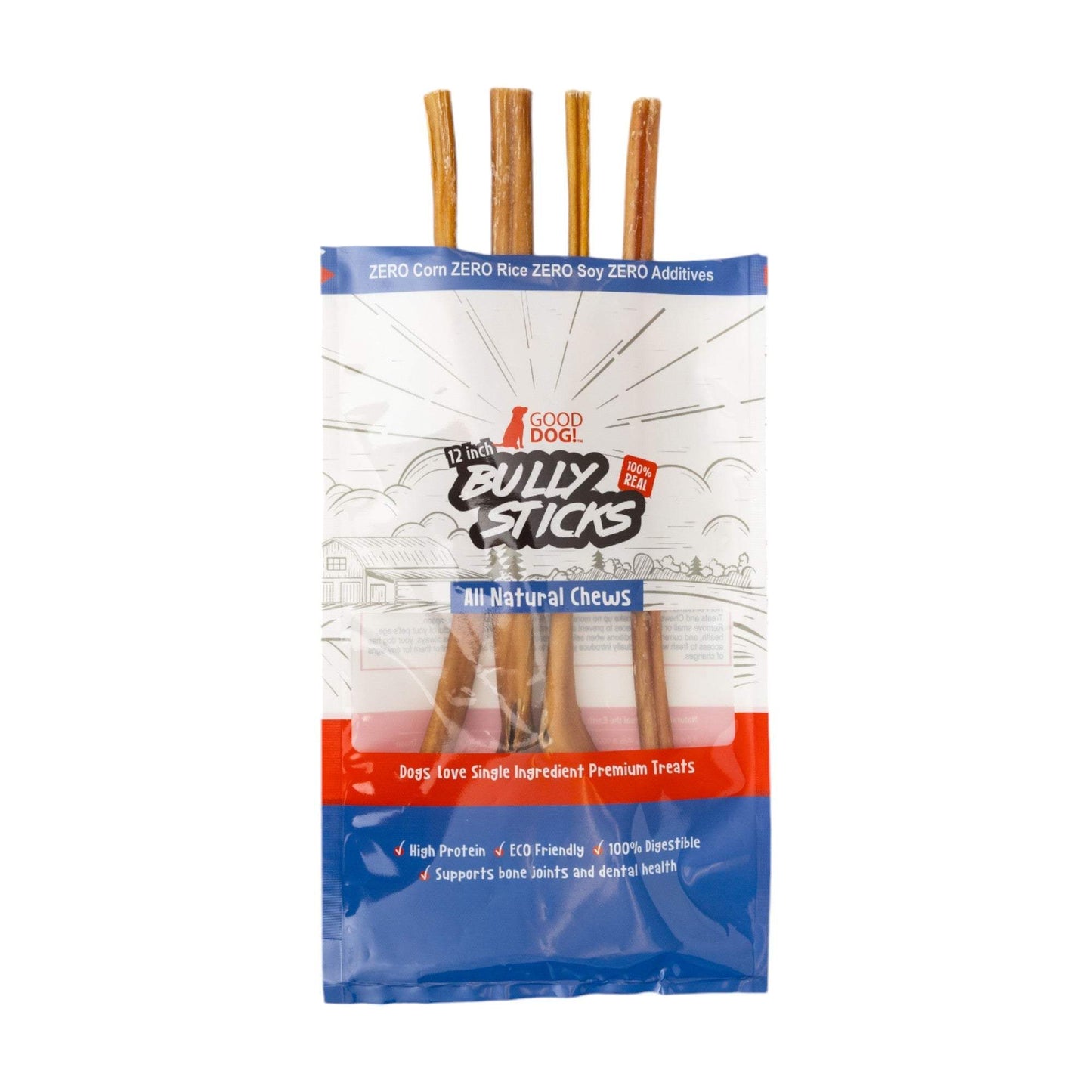 Premium 12-inch all-natural beef bully stick dog treats, odor-free and high-protein, supporting dental health and digestion.