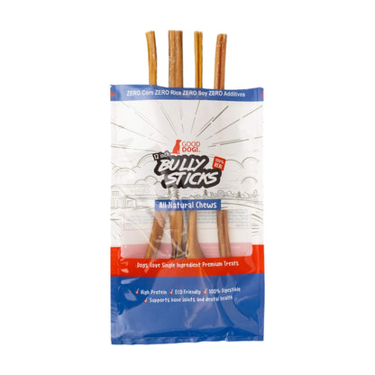 Premium 12-inch all-natural beef bully stick dog treats, odor-free and high-protein, supporting dental health and digestion.