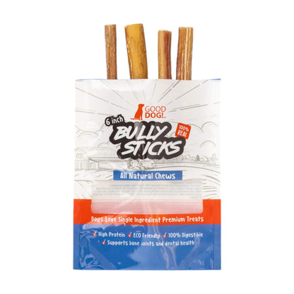 All-Natural Beef Bully Sticks 6-inch dog chew treats 4-pack, high-protein, odor-free, dental and joint support