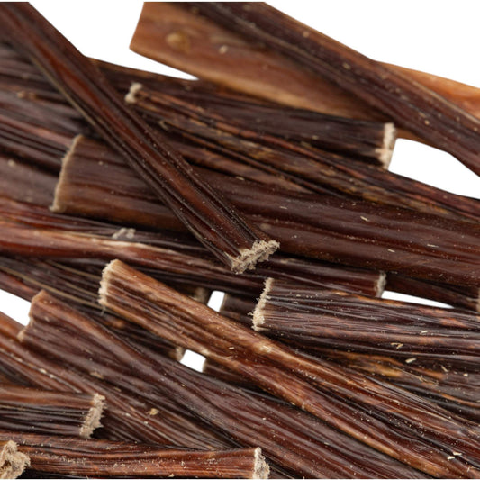 All-Natural Beef Gullet Stick dog treats, 6-inch healthy chews made from 100% beef esophagus, low-fat, joint-supporting, and dental care promoting.