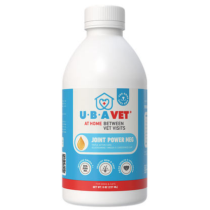 UBAVET Joint Power MEG Maximum Joint Support Liquid for Dogs and Cats bottle promoting joint health, mobility, and inflammation reduction.