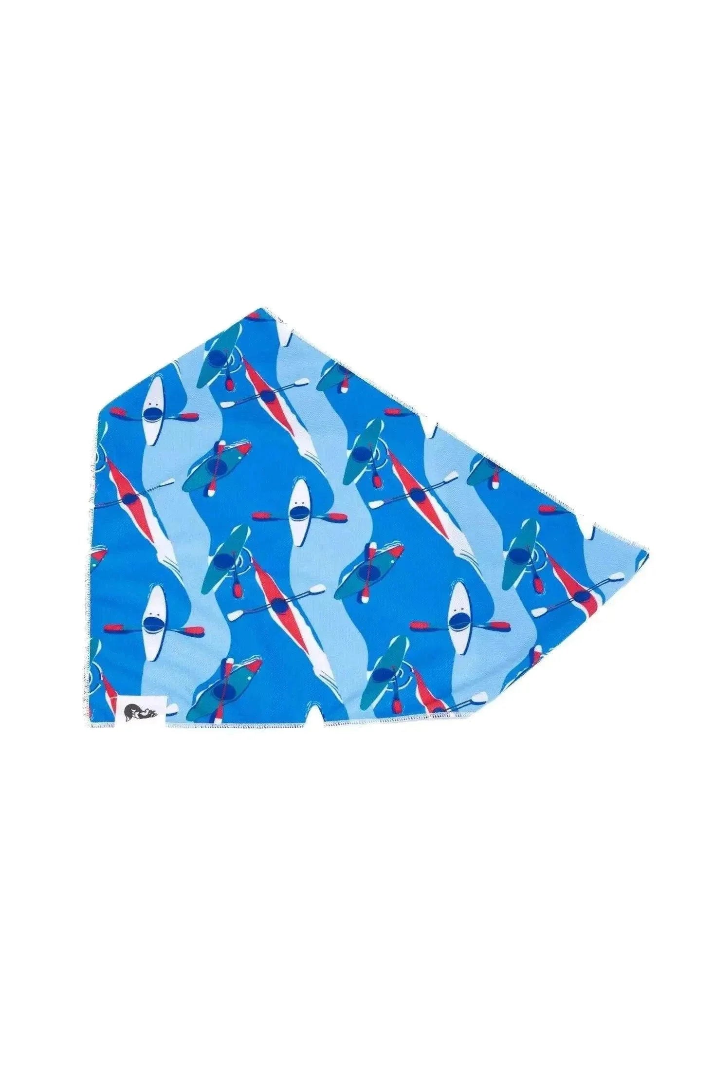 K9 Kayak Dog Bandana with vivid kayak pattern, lightweight, breathable, and quick-drying fabric for active dogs