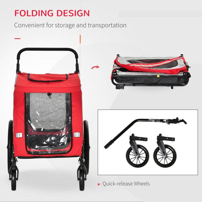 Red 2-in-1 pet bike trailer stroller with folding design and quick-release wheels for easy storage and transport