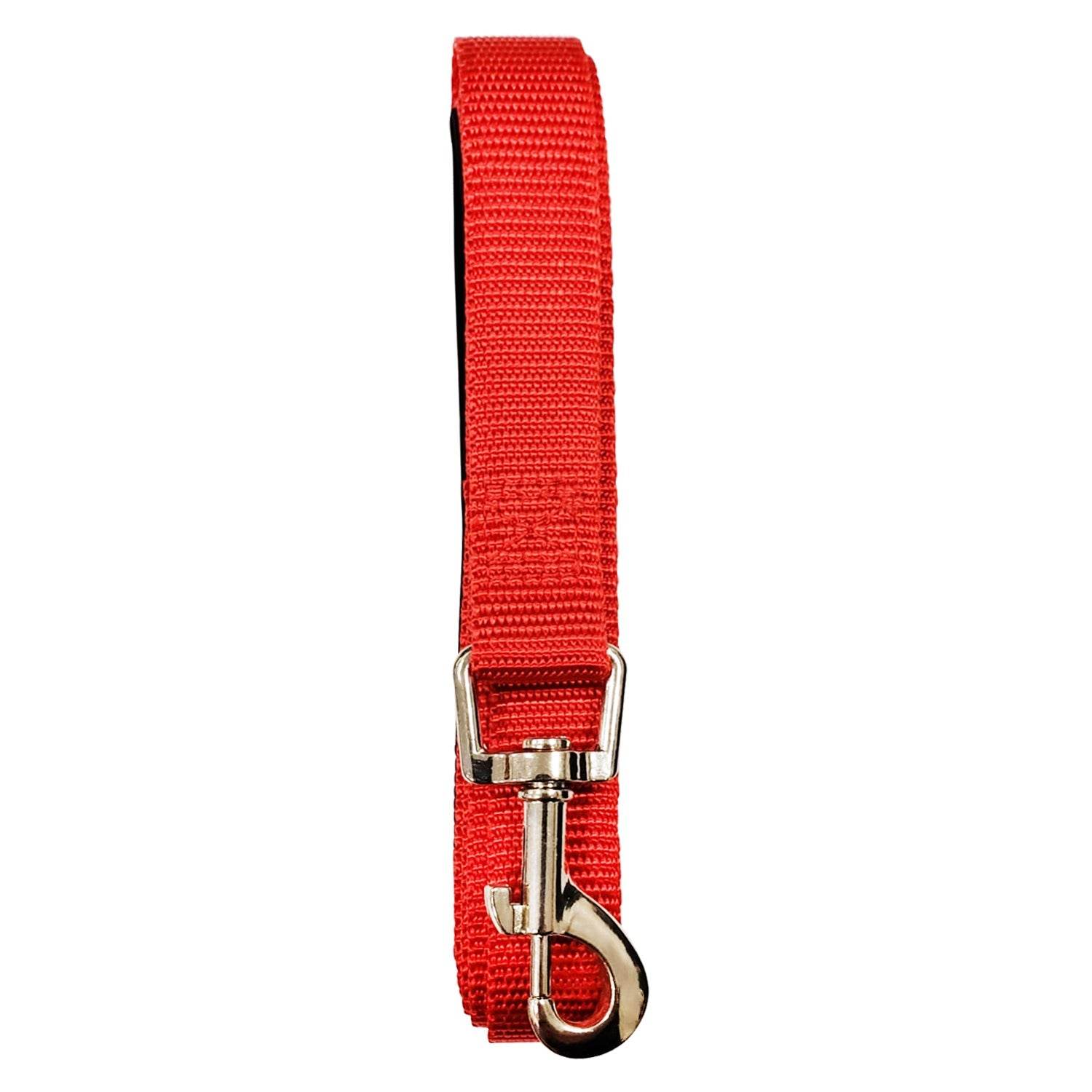 Red padded grip dog leash made of durable nylon with nickel-coated bolt snap, 5ft length