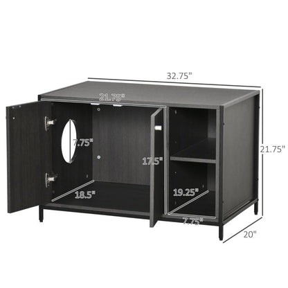 Hidden cat litter box enclosure cabinet with double doors and storage shelves, black wood-steel design, 32.75"x20"x21.75"