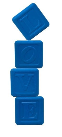 Blue Love Cube eDispenser durable rubber dog chew toy and treat dispenser with raised letters