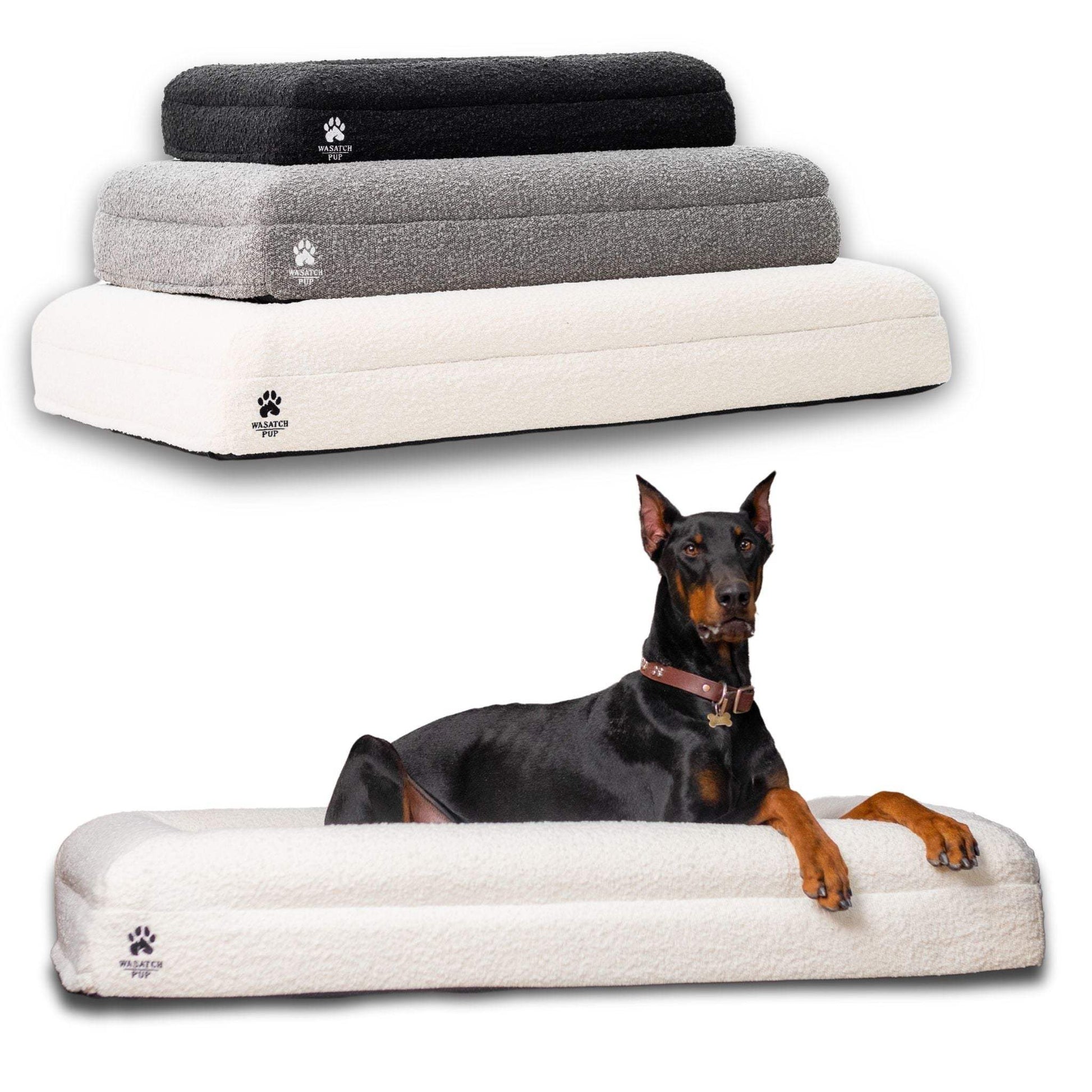 Luxury orthopedic dog beds with memory foam and plush boucle covers in various sizes for joint support and comfort