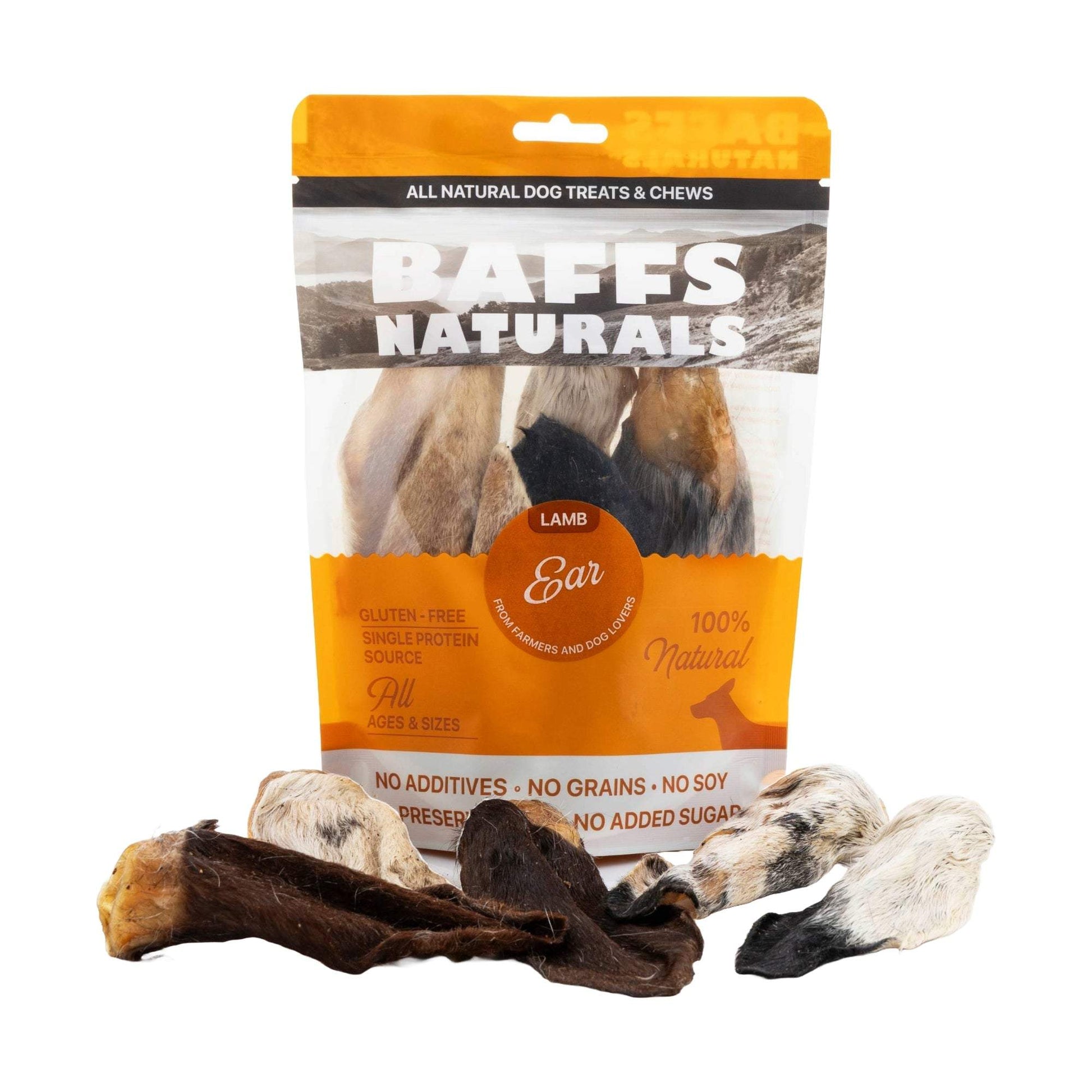 BAFFS NATURALS 100% natural lamb ear dog chews in resealable 3.5oz bag, gluten-free, high-protein, low-fat dental treats for dogs