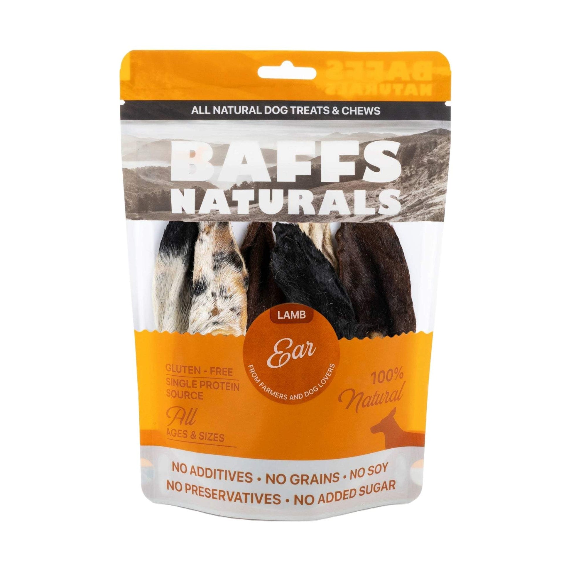 BAFFS NATURALS all-natural premium lamb ear dog chews in resealable 3.5oz bag for healthy, digestible, high-protein treats