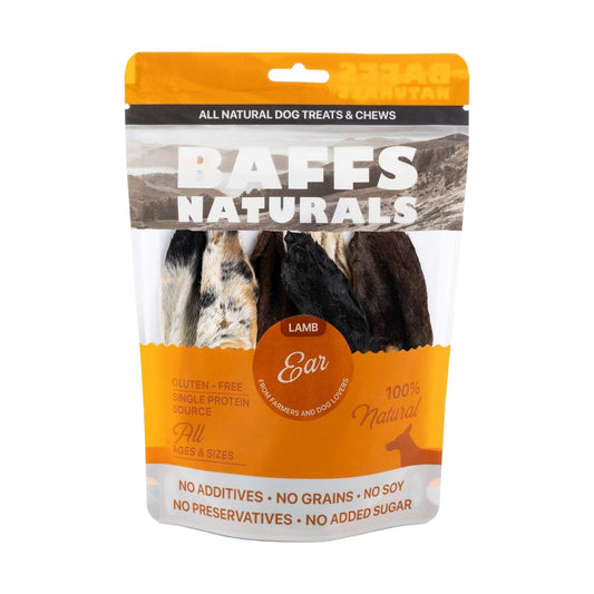BAFFS NATURALS all-natural premium lamb ear dog chews in resealable 3.5oz bag for healthy, digestible, high-protein treats