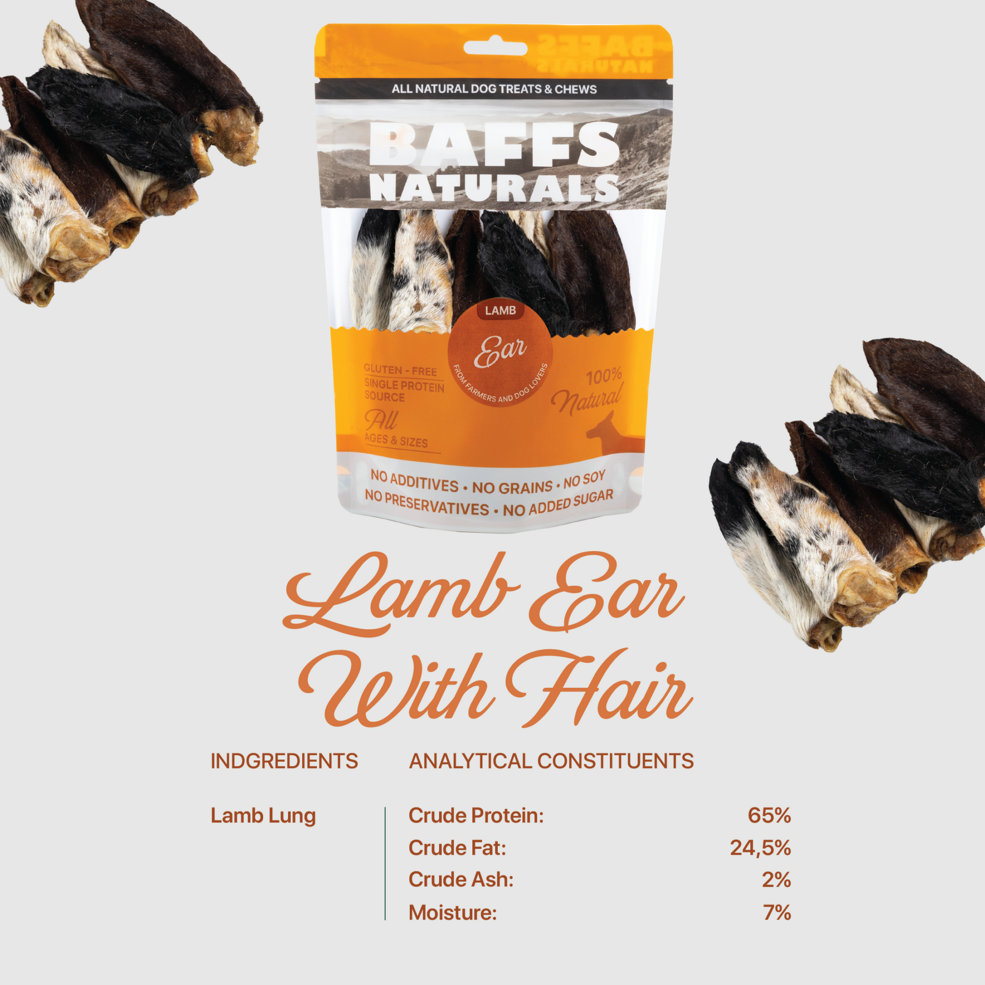 BAFFS NATURALS all-natural premium lamb ear dog chews in 3.5oz resealable bag for healthy, digestible, high-protein dog treats