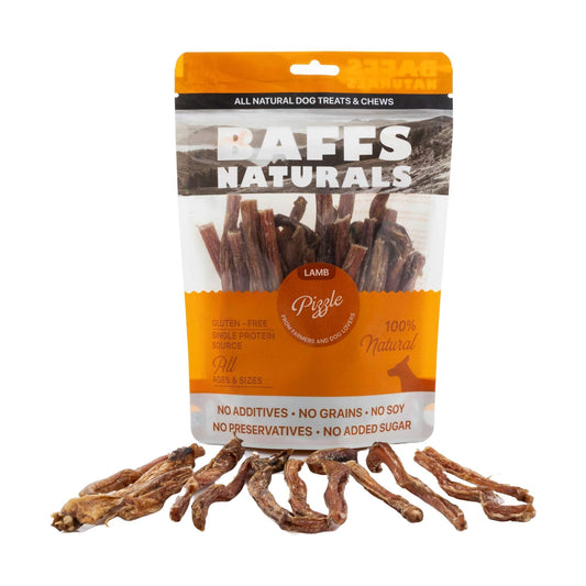 BAFFS NATURALS all-natural lamb pizzle dog chews in resealable 8oz bag for dental health and long-lasting chewing