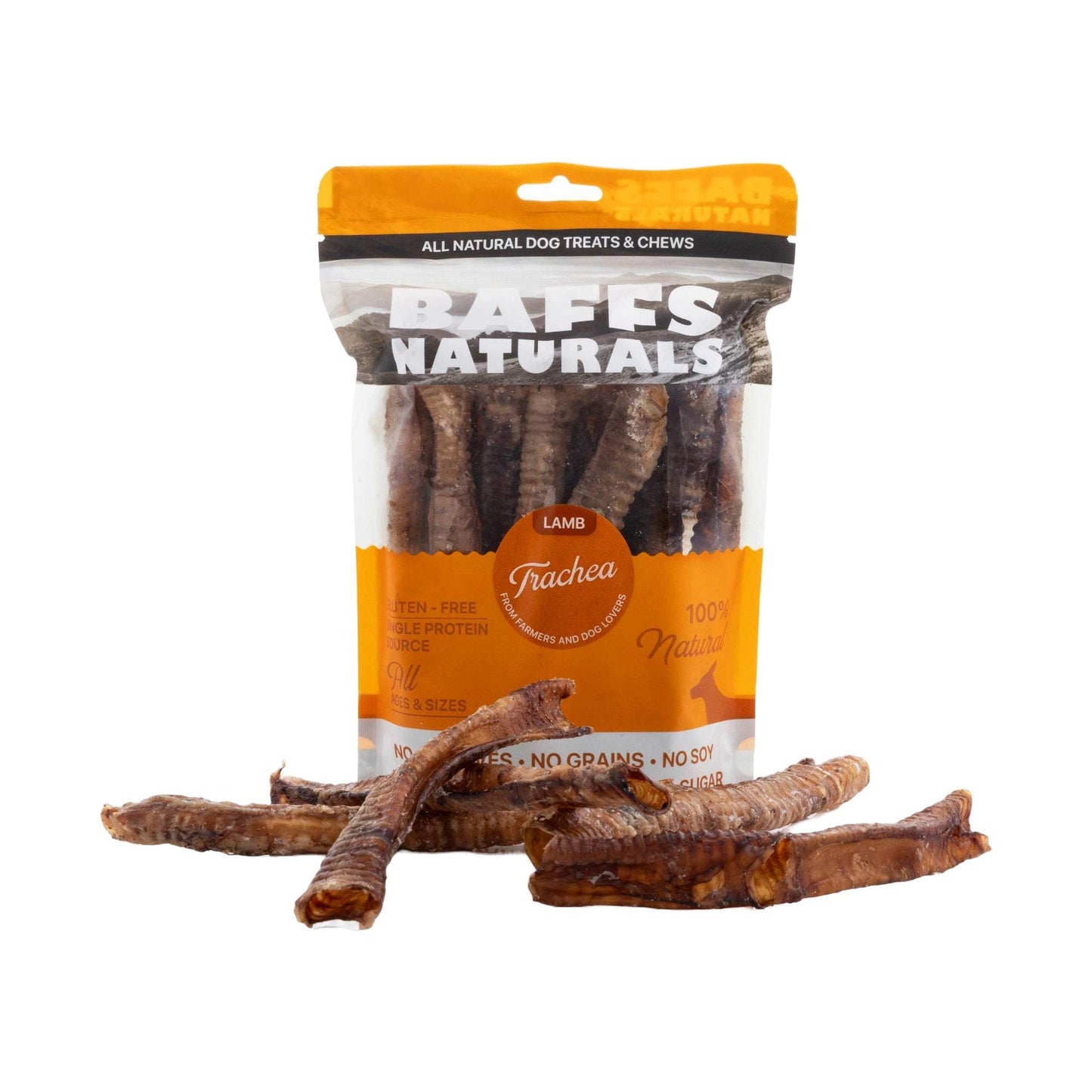 BAFFS NATURALS all-natural lamb trachea dog chews in resealable pack promoting joint and dental health