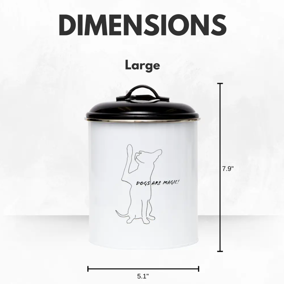 Set of three black and white pet treat storage canisters with dog silhouette art and airtight silicone lids