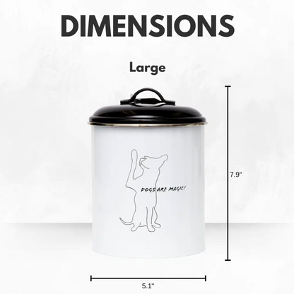 Set of three black and white pet treat storage canisters with dog silhouette art and airtight silicone lids