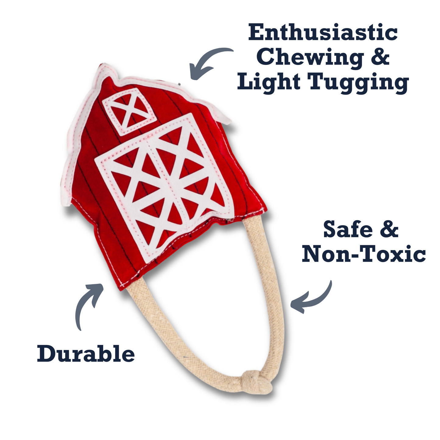 Country Living Faux Leather red barn dog chew toy, durable, safe, non-toxic, for enthusiastic chewing and light tugging