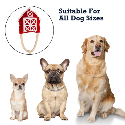 Country Living Faux Leather red barn dog chew toy with durable, non-toxic materials suitable for all dog sizes