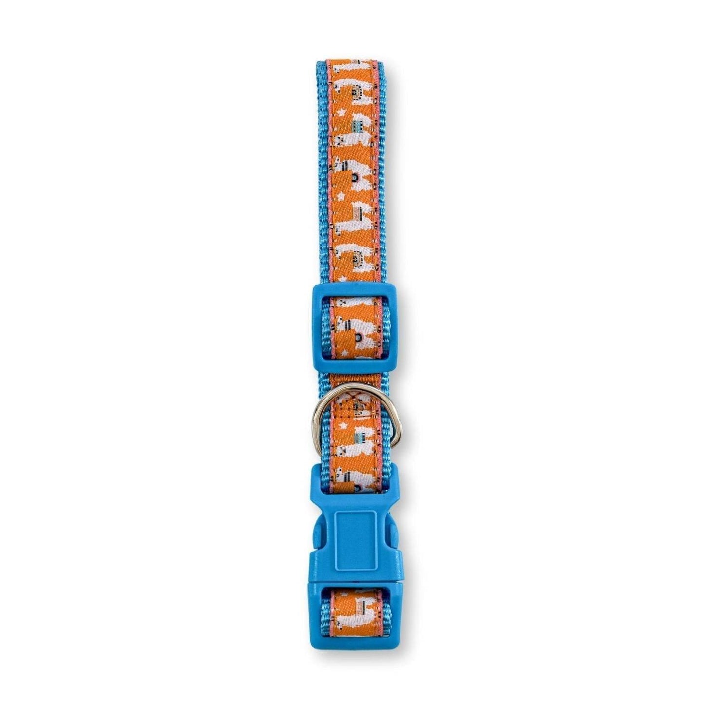 Adjustable nylon dog collar with embroidered llama design and blue buckle for secure fit