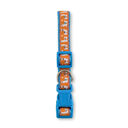 Adjustable nylon dog collar with embroidered llama design and blue buckle for secure fit