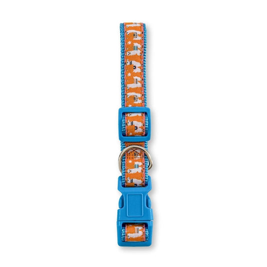 Adjustable nylon dog collar with embroidered llama design and blue buckle for secure fit