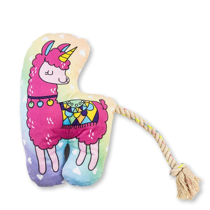Magical llama plush dog toy with squeaker, crinkle paper, colorful design, and rope tail for interactive play
