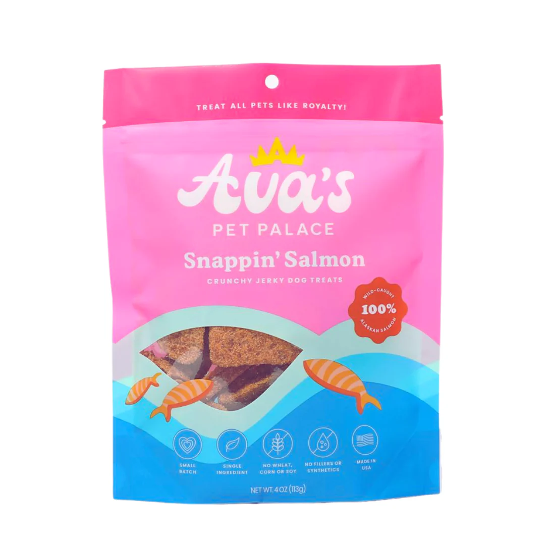 Ava's Pet Palace Snappin' Salmon crunchy jerky dog treats made from 100% wild-caught Sockeye salmon, grain and gluten-free, 4 oz pouch