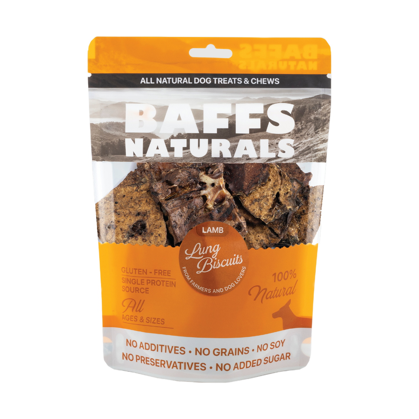 BAFFS NATURALS all-natural lamb lung dog biscuits in resealable orange and white pack
