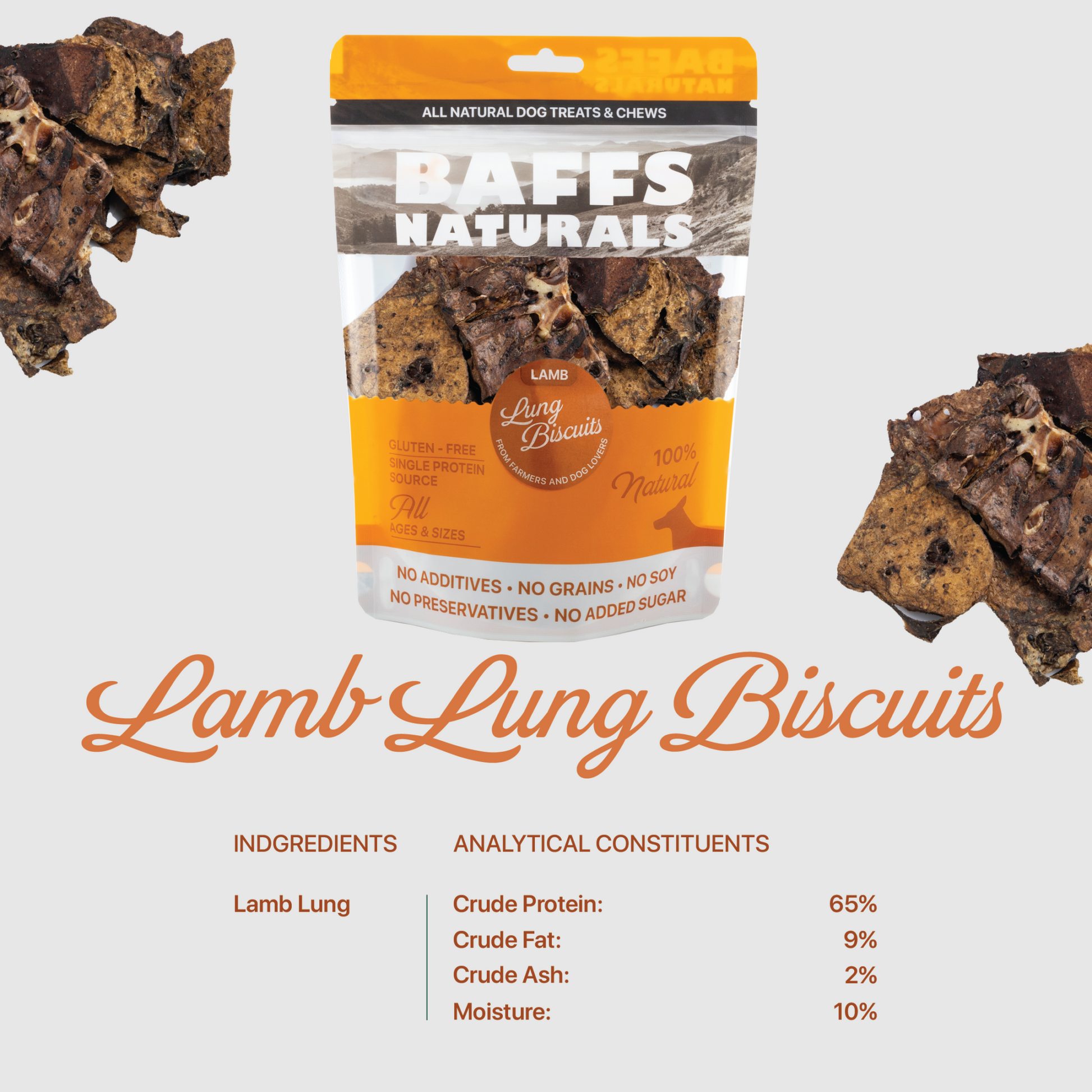 BAFFS NATURALS all-natural lamb lung dog biscuits in resealable pack, high-protein, low-fat crunchy treats for dogs