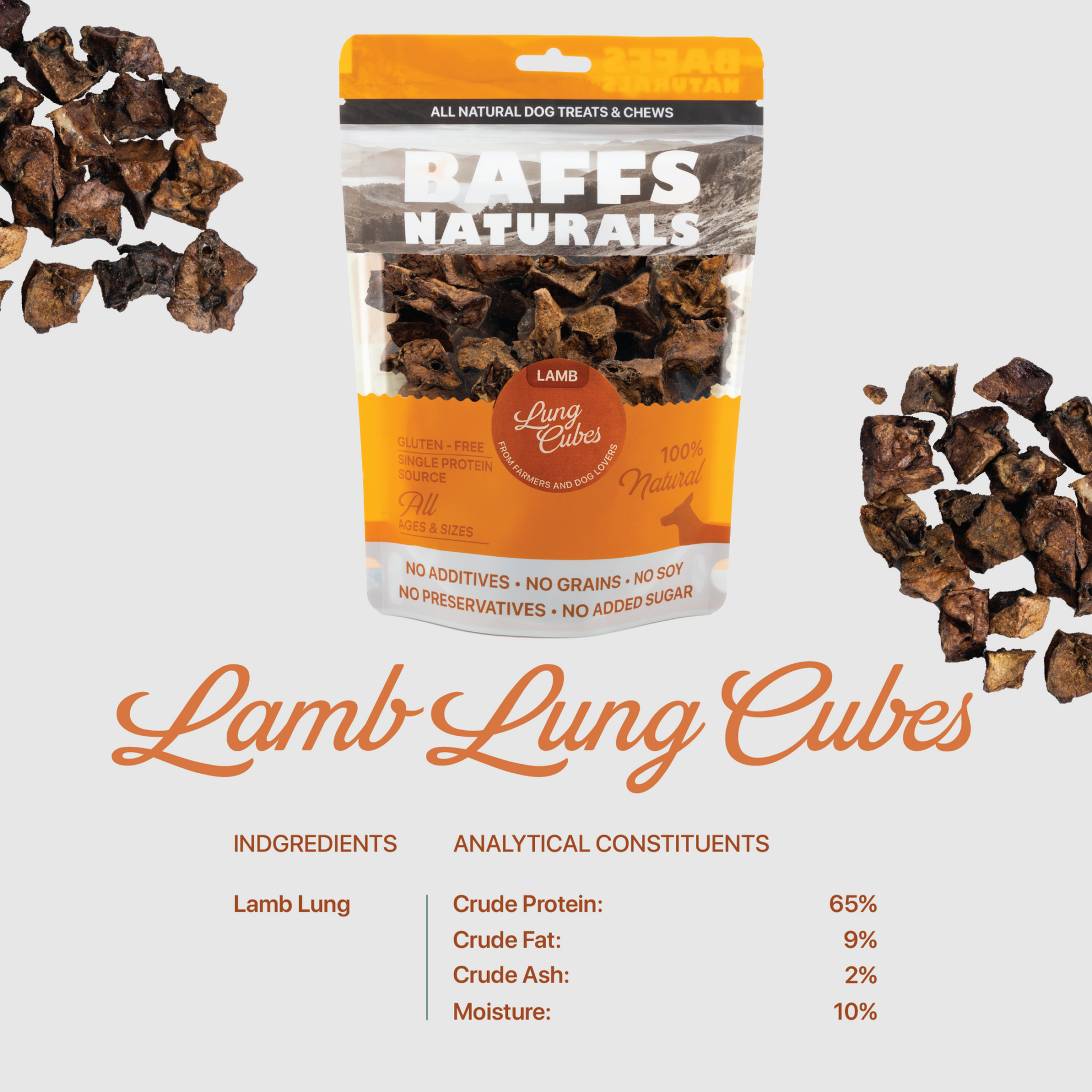 BAFFS NATURALS all-natural premium lamb lung cubes dog treats in resealable 7oz bag, high-protein, gluten-free, no additives, crunchy training snacks