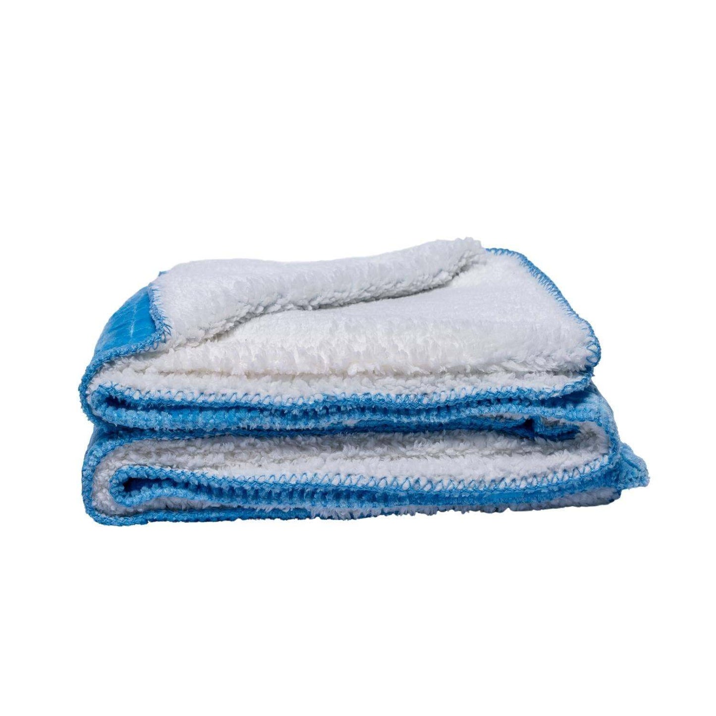 Folded Family Textured Luxury Sherpa Pet Blanket with blue whip stitching and soft white Sherpa lining