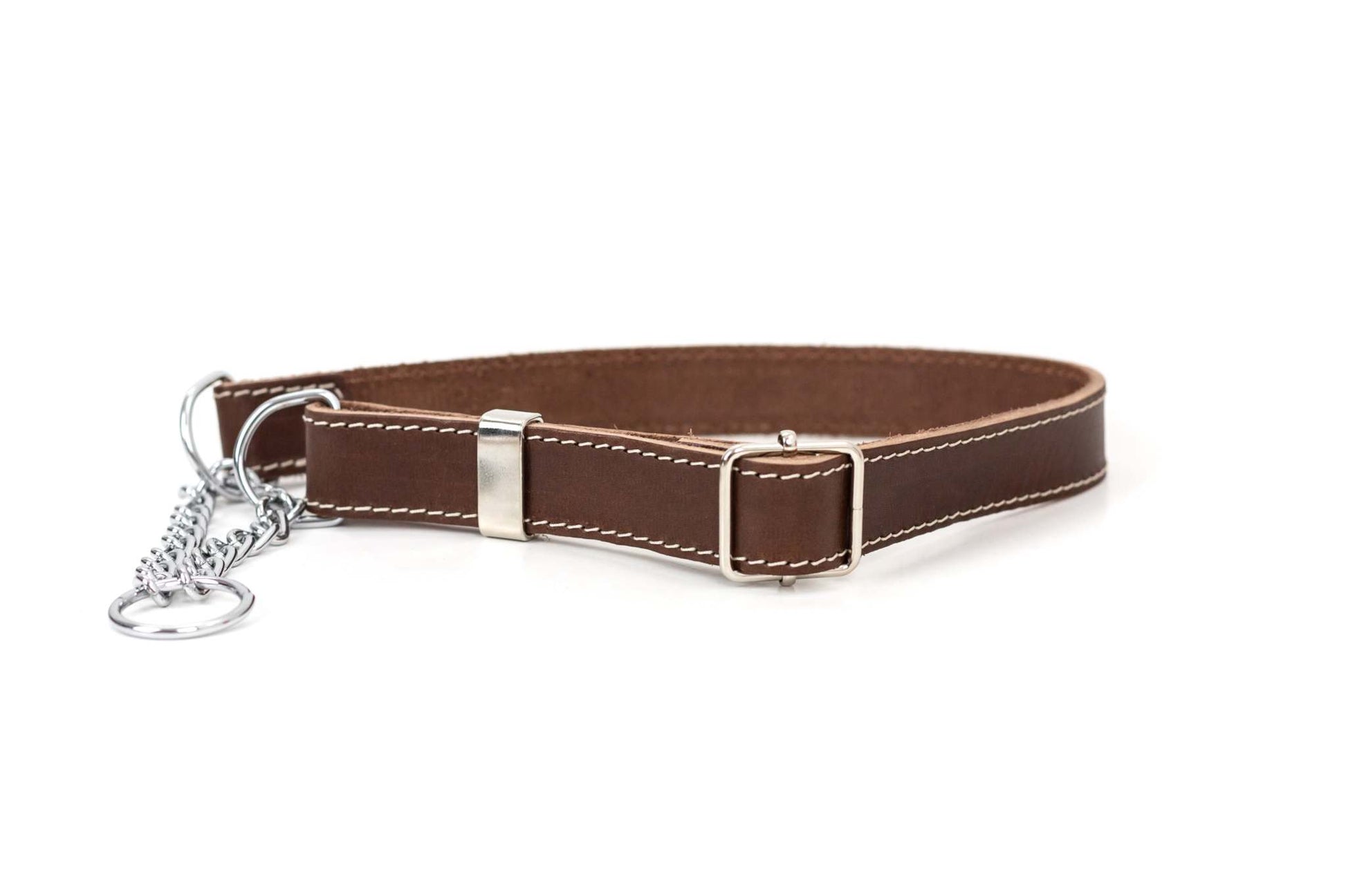 Martingale chocolate leather dog collar with stainless steel hardware and white stitching