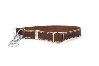 Martingale chocolate leather dog collar with stainless steel hardware and white stitching