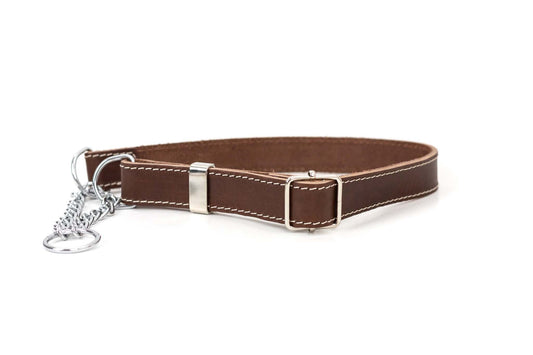 Martingale chocolate leather dog collar with stainless steel hardware and white stitching
