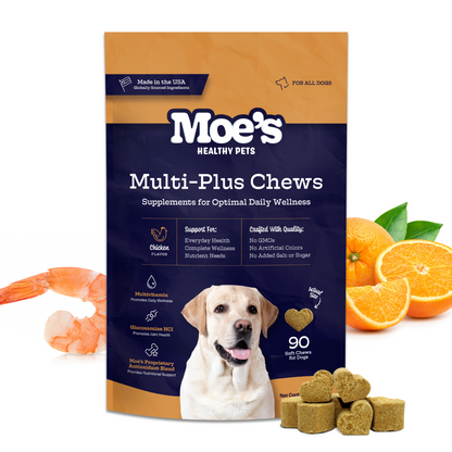 Multi-Plus Chews multivitamin dog supplement with omega-3s, glucosamine, and probiotics for joint and coat health