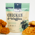 Moe's Chicken and Waffles Chews dog treats with multivitamins, chicken liver flavor, oat flour, cranberry, blueberry, and kale powder for digestion and health
