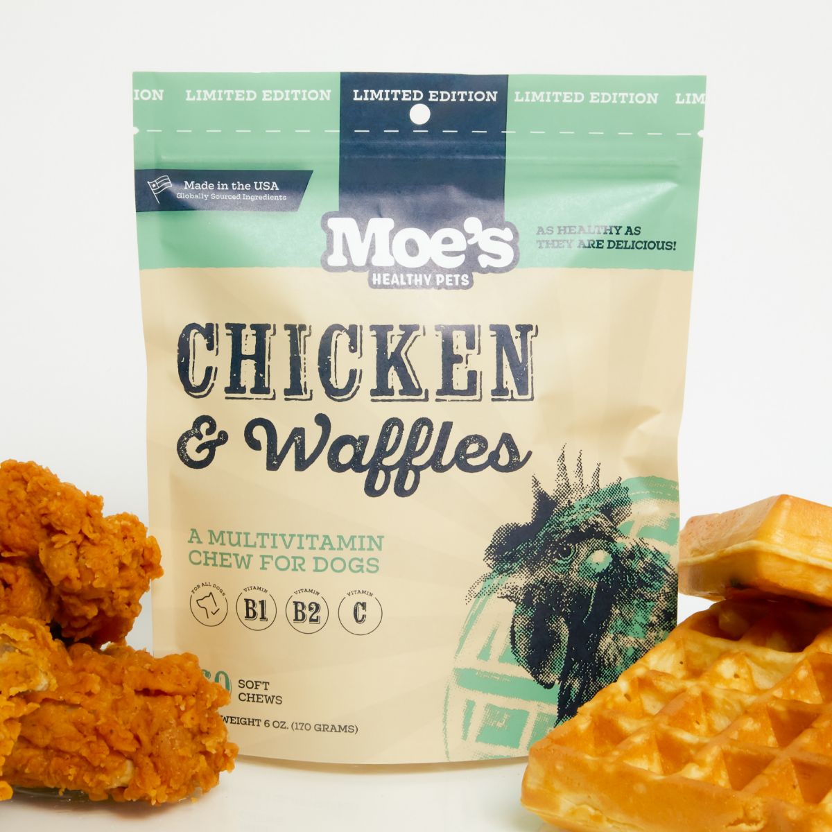 Moe's Chicken and Waffles Chews dog treats with multivitamins, chicken liver flavor, oat flour, cranberry, blueberry, and kale powder for digestion and health