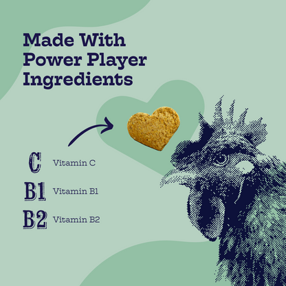 Heart-shaped Chicken and Waffles Chews with vitamins B1, B2, and C for dog health and nutrition