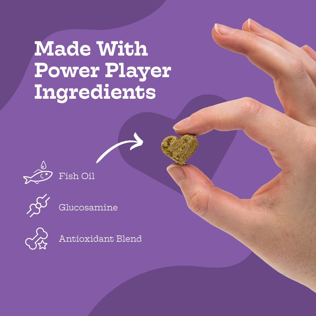 Hand holding heart-shaped Hip and Joint Chews for dogs with fish oil, glucosamine, and antioxidant blend on purple background