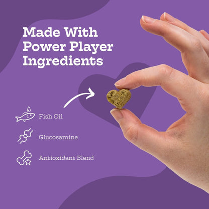 Hand holding heart-shaped Hip and Joint Chews for dogs with fish oil, glucosamine, and antioxidant blend on purple background