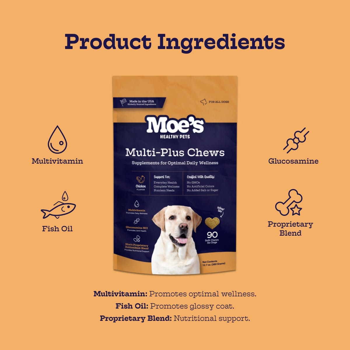 Multi-Plus Chews multivitamin supplement for dogs with vitamins, omega-3s, glucosamine, chondroitin, and probiotics for joint and coat health