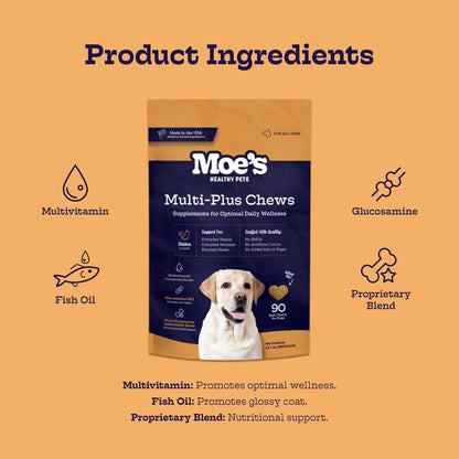 Multi-Plus Chews multivitamin supplement for dogs with vitamins, omega-3s, glucosamine, chondroitin, and probiotics for joint and coat health