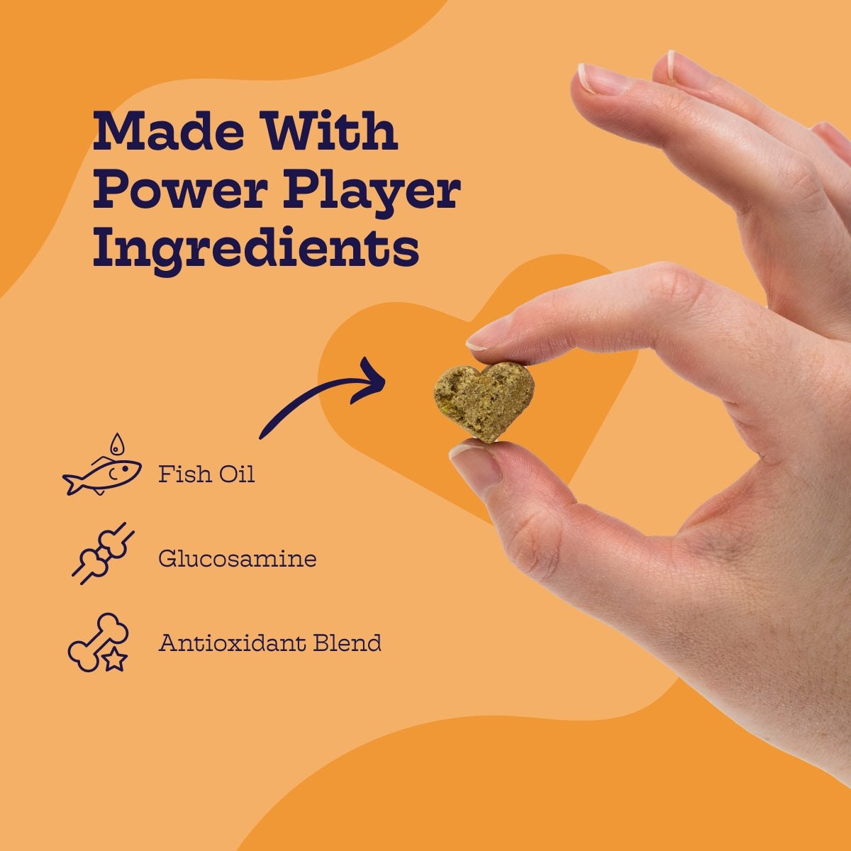 Hand holding heart-shaped Multi-Plus Chews dog multivitamin supplement with fish oil, glucosamine, and antioxidant blend icons on orange background