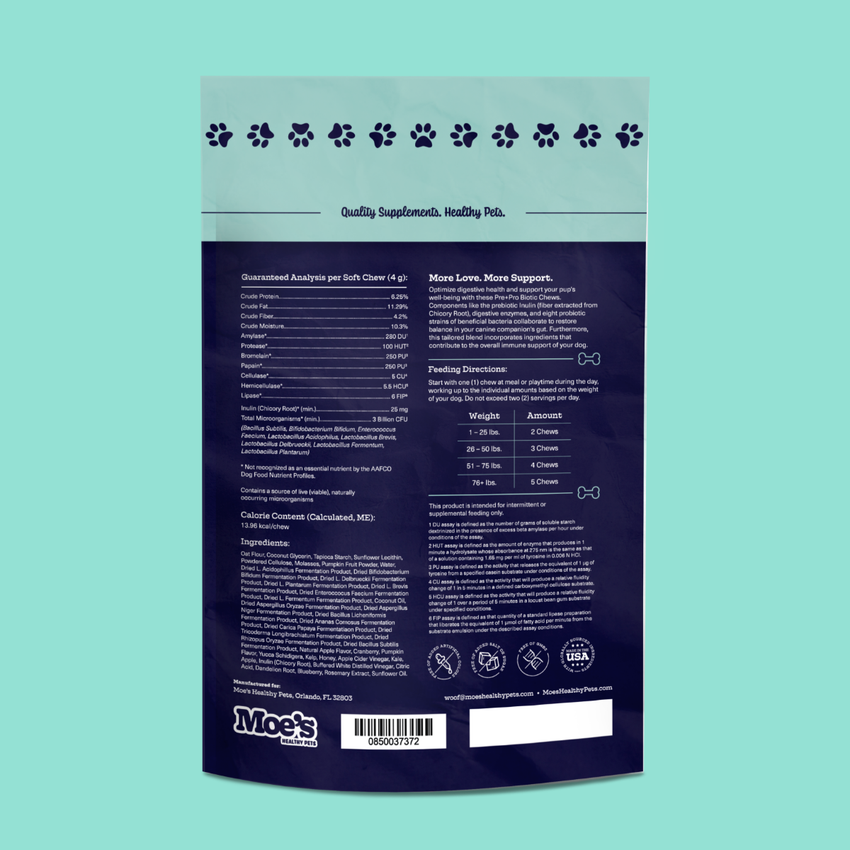 Back view of Moe's Pre + Pro Biotic Chews dog supplement pouch with ingredient list and feeding directions against teal background
