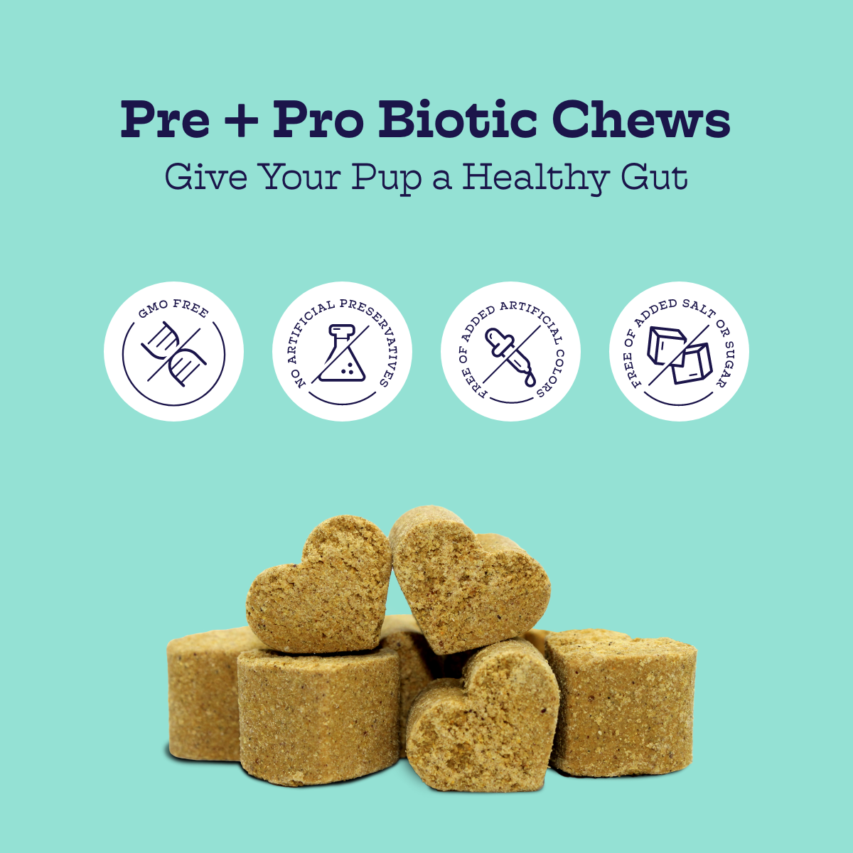 Pre + Pro Biotic Chews for dogs, heart-shaped digestive health treats with pumpkin and probiotics, GMO-free and no artificial additives.