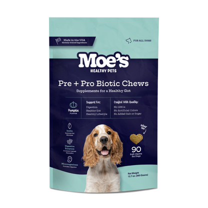 Moe's Pre + Pro Biotic Chews dog supplement for digestive health with pumpkin, prebiotics, and probiotics in 90 soft chews pack