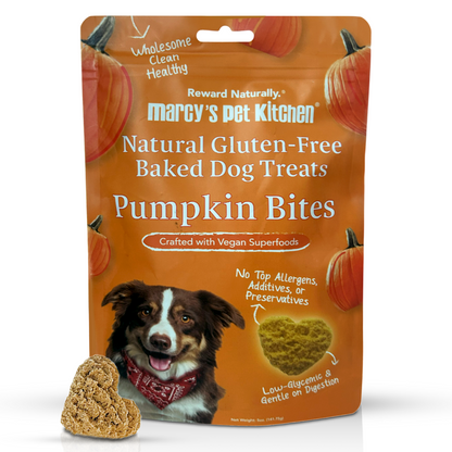 Marcy's Pet Kitchen vegan pumpkin biscuit dog treats gluten-free heart-shaped crunchy snack