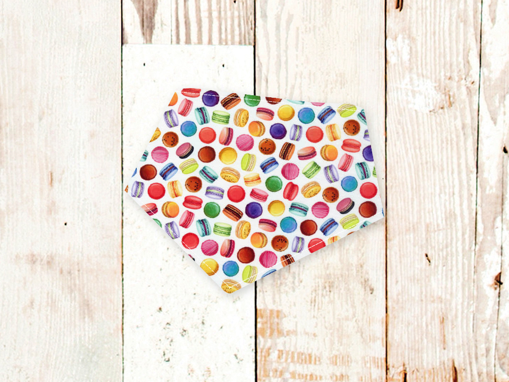 Colorful macarons patterned adjustable dog bandana with snap closures and flannel backing