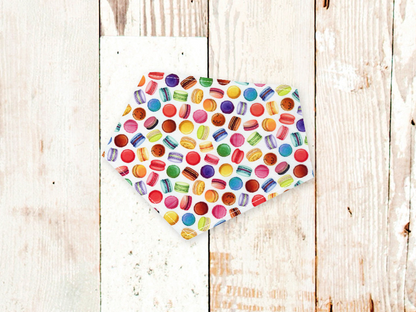 Colorful macarons patterned adjustable dog bandana with snap closures and flannel backing