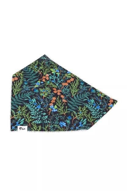 Magical Fern Forest dog bandana with vibrant fern and floral pattern on black background.